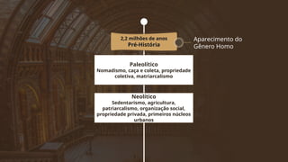 2,2 milhões de anos
Pré-História
Paleolítico
Nomadismo, caça e coleta, propriedade
coletiva, matriarcalismo
Aparecimento do
Gênero Homo
Neolítico
Sedentarismo, agricultura,
patriarcalismo, organização social,
propriedade privada, primeiros núcleos
urbanos
 
