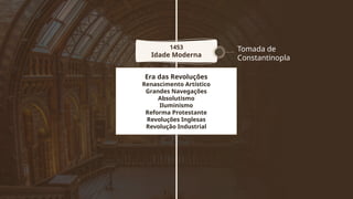 1453
Idade Moderna
Era das Revoluções
Renascimento Artístico
Grandes Navegações
Absolutismo
Iluminismo
Reforma Protestante
Revoluções Inglesas
Revolução Industrial
Tomada de
Constantinopla
 