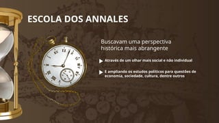 ESCOLA DOS ANNALES
Buscavam uma perspectiva
histórica mais abrangente
Através de um olhar mais social e não individual
E ampliando os estudos políticos para questões de
economia, sociedade, cultura, dentre outros
 