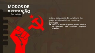 MODOS DE
PRODUÇÃO
Socialista
omunal Primitivo
Asiático
Escravista
Feudal
Capitalista
A base econômica do socialismo é a
propriedade social dos meios de
produção
Isto é, os meios de produção são públicos
ou coletivos, não existindo empresas
privadas
 