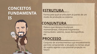 CONCEITOS
FUNDAMENTA
IS
ESTRUTURA
CONJUNTURA
Forma pela qual se articulam as partes de um
modo de produção ou sistema
Palavra que designa mudanças
momentâneas, indicando fragmentos
mensuráveis: salários, taxas demográficas,
etc
PROCESSO
Conjunto de acontecimentos cujo encadeamento
permite compreender a situação no tempo atual
do sujeito agente e sua possível projeção no
futuro
 