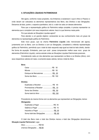 4. SITUAÇÕES LÍQUIDAS PATRIMONIAIS


            Até agora, conforme nosso propósito, nos limitamos a esclarecer o que é Ativo e Passivo e
onde devem ser colocados os elementos representativos dos Bens, dos Direitos e das Obrigações.
Deixamos de lado, porém, o aspecto quantitativo, isto é, o valor de cada um desses elementos
            Para que a representação gráfica do Patrimônio esteja completa, é preciso representar os
elementos que o compõem com seus respectivos valores. Isso é o que faremos nesta parte.
            Por que estudar as Situações Líquidas agora?
            Para atender a um grande objetivo: acrescentar ao seu conhecimento mais um grupo de
elementos na representação gráfica do Patrimônio.
            Este novo grupo, que se chama Patrimônio Líquido (não mencionado até agora),
juntamente com os Bens, com os Direitos e com as Obrigações, completará a referida representação
gráfica do Patrimônio, permitindo que o total do lado esquerdo seja igual ao total do lado direito, dando-
lhe forma de equação. Entretanto, para que você possa compreender melhor esse novo grupo de
elementos (Patrimônio Líquido), vamos estudar antes as Situações Líquidas Patrimoniais possíveis.
            Considerando cada um dos elementos que representam os Bens e os Direitos (Ativo), com
seus respectivos valores em reais, e somando esses valores, temos o total do Ativo:


            Bens
                  Caixa ............................................... R$ 30
                  Móveis ............................................. R$ 50
                  Estoque de Mercadorias .................. R$ 20
                  Soma dos Bens ............................... R$ 100


            Direitos
                  Duplicatas a Receber ....................... R$ 40
                  Promissórias a Receber ................... R$ 10
                  Soma dos Direitos ............................ R$ 50
                  Soma total do Ativo .......................... R$ 150


            Procedendo da mesma forma com os elementos que representam as Obrigações, temos:
            Obrigações
                  Duplicatas a Pagar ............................. R$ 35
                  Salários a Pagar ................................. R$ 15
                  Impostos a Pagar ................................ R$ 30
                  Soma total das Obrigações ................. R$ 80


            O total dos Bens mais o total dos Direitos menos o total das Obrigações denomina-se
Situação Líquida Patrimonial. Logo:
            Ativo ........................ ... R$150
            (menos) Obrigações .... R$ 80


                                                                                                       11
 