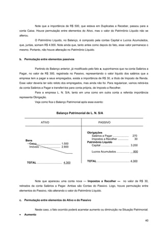 Note que a importância de R$ 500, que estava em Duplicatas a Receber, passou para a
conta Caixa. Houve permutação entre elementos do Ativo, mas o valor do Patrimônio Líquido não se
alterou.
              O Patrimônio Líquido, no Balanço, é composto pela contas Capital e Lucros Acumulados,
que, juntas, somam R$ 4.000. Note ainda que, tanto antes como depois do fato, esse valor permanece o
mesmo. Portanto, não houve alteração no Patrimônio Líquido.


b. Permutação entre elementos passivos


              Partindo do Balanço anterior, já modificado pelo fato a, suponhamos que na conta Salários a
Pagar, no valor de R$ 300, registrada no Passivo, representando o valor líquido dos salários que a
empresa tem a pagar a seus empregados, exista a importância de R$ 30, a título de Imposto de Renda.
Esse valor deveria ter sido retido dos empregados, mas ainda não foi. Para regularizar, vamos retirá-los
da conta Salários a Pagar e transferi-los para conta própria, de Imposto a Recolher.
              Para a empresa L. N. S/A, tanto em uma como em outra conta a referida importância
representa Obrigação.
              Veja como fica o Balanço Patrimonial após esse evento:



                                     Balanço Patrimonial de L. N. S/A


                     ATIVO                                            PASSIVO


                                                          Obrigações
                                                             Salários a Pagar ..................... 270
                                                             Impostos a Recolher ..............               30
     Bens
                                                          Patrimônio Líquido
       Caixa ............................... 1.500
                                                             Capital ..................................... 3.200
       Imóveis ........................... 2.800
                                                               Lucros Acumulados .................          800


                                                          TOTAL ........................................... 4.300
      TOTAL ................................. 4.300




              Note que apareceu uma conta nova — Impostos a Recolher —                           no valor de R$ 30,
retirados da conta Salários a Pagar. Ambas são Contas do Passivo. Logo, houve permutação entre
elementos do Passivo, não alterando o valor do Patrimônio Líquido.


c. Permutação entre elementos do Ativo e do Passivo


              Neste caso, o fato ocorrido poderá acarretar aumento ou diminuição na Situação Patrimonial.
•   Aumento

                                                                                                                    40
 