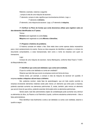 Relendo o exemplo, notamos o seguinte:
               . compra à vista de uma máquina de escrever...
               1º elemento: compra à vista; significa que movimentamos dinheiro. Logo, o
                           1º elemento é dinheiro.
               2º elemento: uma máquina de escrever. Logo, o 2º elemento é máquina.


               4º) Verificar no Plano de Contas que conta deveremos utilizar para registrar cada um
dos elementos identificados no 3º passo.
               Temos:
               Dinheiro será registrado na conta Caixa.
               Máquina será registrada na conta Móveis e Utensílios.


               5º) Preparar o histórico do problema.
               O histórico consiste em relatar o fato. Este relato deve conter apenas dados necessários
para o bom esclarecimento do evento. Nunca se deve esquecer de identificar a espécie e o número do
documento comprobatório, a coisa transacionada, bem como o nome da empresa com quem se
transaciona.
               Logo:
               Compra de uma máquina de escrever, marca Mantiqueira, conforme Nota Fiscal n.º 8.931,
da Maquinolândia Ltda.


               6º) Identificar que conta será debitada e que conta será creditada.
               O que é a conta a ser debitada e a conta ser creditada?
               Observe que todo fato que ocorre na empresa ocorre em forma de troca.
               Vamos tomar, por exemplo, a compra à vista da máquina de escrever em questão. A
empresa recebe a máquina e dá em troca o dinheiro.
               Daí, podemos concluir, nesta fase de aprendizagem, que em todo evento ocorrido na
empresa envolvendo elementos materiais existe pelo menos um elemento que entra para a empresa,
podendo acarretar aumento nos elementos patrimoniais. E, existe, também, pelo menos um elemento
que sai em troca do que entrou, podendo acarretar diminuição entre os elementos patrimoniais.
               Sendo assim, todo fato administrativo objeto de contabilização pode aumentar e/ou diminuir
os elementos do Ativo, do Passivo e do Patrimônio Líquido, conforme estudamos anteriormente – Atos e
fatos administrativos.
               Para identificar mais facilmente a conta a ser debitada e a conta a ser creditada, observe o
quadra a seguir:




                                                                                                        49
 