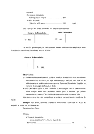 em geral:
                      Compras de Mercadorias
                            Valor líquido da compra ................................... 820
                      ICMS a recuperar
                           18% sobre a NF supra ...................................... 180                     1.000
                      ——————-                ——————-
                Veja a posição das contas envolvidas nos respectivos Razonetes:

                       Compras de Mercadorias                                      ICMS a Recuperar



                          820                                                       180




                * A alíquota (porcentagem) do ICMS pode ser alterada de acordo com a legislação. Para
fins didáticos, calculamos o ICMS pela alíquota de 18%.



                  Compras de Mercadorias



                       :
                       :
                       :
                                                 820



                Observações:
                O A conta Compras de Mercadorias, que é de apuração do Resultado Bruto, foi debitada
                    pelo valor líquido da compra, ou seja, pelo valor pago, menos o valor do ICMS. O
                    saldo desta conta será transferido para a conta Custo das Mercadorias Vendidas no
                    momento da apuração do Resultado Bruto.
                mConta ICMS a Recuperar, do Ativo Circulante, foi debitada pelo valor do ICMS incidente
                    nessa compra. Esse valor representa Direito para a empresa, que poderá
                    compensá-lo no valor do ICMS devido nas vendas efetuadas no mesmo mês.
                Veja, agora, como deve ser contabilizada a venda de mercadorias com incidência do
ICMS:
                Exemplo: Nota Fiscal, referente à venda de mercadorias à vista com n.° 4.207 da
empresa R. Nunes S/A, no valor de 500.
                Registro no livro Diário:


                 Caixa
                    a Venda de Mercadorias
                            Nossa Nota Fiscal n.° 4.207, ref. à venda de
                      Mercadorias .............................................................................. 500

                                                                                                                       75
 