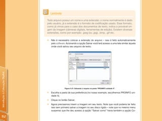Lembrete

                                Todo arquivo possui um nome e uma extensão: o nome normalmente é dado
                                pelo usuário, já a extensão é o formato de codificação usado. Esse formato,
                                como já vimos para o caso dos documentos de texto, indica a provável ori-
                                gem da imagem (câmeras digitais, ferramentas de edição). Existem diversas
                                extensões, como por exemplo: .jpeg (ou .jpg), .bmp, .gif etc.

                                „   Não é necessário colocar a extensão do arquivo – isso é feito automaticamente
                                    pelo software. Acionando a opção Salvar você terá acesso a uma tela similar àquela
                                    onde você salvou seu arquivo de texto;
Introdução à Educação Digital




                                                 Figura 4.31: Salvando o arquivo na pasta “PROINFO unidade 4”.

                                „   Escolha a pasta de sua preferência (no nosso exemplo, escolhemos PROINFO uni-
                                    dade 4);
                                „   Clique no botão Salvar;
                                „   Agora precisamos inserir a imagem em seu texto. Note que você poderia ter feito
                                    isso sem primeiro salvar a imagem no seu disco rígido – note que no mesmo menu
                                    suspenso que lhe deu acesso à opção “Salvar como” havia também a opção Co-

152
 