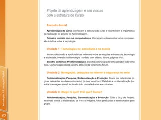 Projeto de aprendizagem e seu vínculo
                                  com a estrutura do Curso

                                  Encontro Inicial

                                   Apresentação do curso: conhecem a estrutura do curso e reconhecem a importância
                                da realização do projeto de Aprendizagem.
                                  Primeiro contato com os computadores. Começam a desenvolver uma compreen-
                                são intuitiva sobre a tecnologia.


                                  Unidade 1: Tecnologias na sociedade e na escola

                                   Iniciar a discussão e aprofundar as reflexoes sobre as relações entre escola, tecnologia
                                e sociedade. Imersão na tecnologia: contato com vídeos, fóruns, páginas web.
                                   Escolha do tema e Problematização: Escolha pelo Grupo do tema gerador e do tema
                                foco. Comunicação desta escolha através da ferramenta fórum.


                                  Unidade 2: Navegação, pesquisa na Internet e segurança na rede
Introdução à Educação Digital




                                   Problematização, Pesquisa, Sistematização e Produção: Busca por referências di-
                                gitais relevantes ao desenvolvimento do seu tema foco. Detalhar a problematização (re-
                                editar mensagem inicial) incluindo links das referências encontradas.


                                  Unidade 3: Blogs: O quê? Por quê? Como?

                                   Problematização, Pesquisa, Sistematização e Produção: Criar o blog do Projeto,
                                incluindo textos já elaborados, os links e imagens, fotos produzidas e selecionados pelo
                                grupo.




20
 