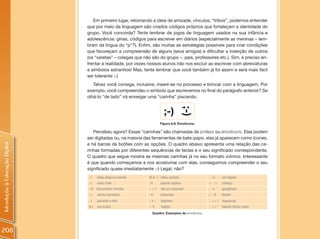 Em primeiro lugar, retomando a ideia de amizade, vínculos, “tribos”, podemos entender
                                que por meio da linguagem são criados códigos próprios que fortaleçam a identidade do
                                grupo. Você concorda? Tente lembrar de jogos de linguagem usados na sua infância e
                                adolescência: gírias, códigos para escrever em diários (especialmente as meninas – lem-
                                bram da língua do “p”?). Enfim, são muitas as estratégias possíveis para criar condições
                                que favoreçam a compreensão de alguns (seus amigos) e dificultar a inserção de outros
                                (os “xeretas” – colegas que não são do grupo –, pais, professores etc.). Sim, é preciso en-
                                frentar a realidade, por vezes nossos alunos irão nos excluir ao escrever com abreviaturas
                                e símbolos estranhos! Mas, tente lembrar que você também já foi assim e será mais fácil
                                ser tolerante ;-)
                                   Talvez você consiga, inclusive, inserir-se no processo e brincar com a linguagem. Por
                                exemplo, você compreendeu o símbolo que escrevemos no final do parágrafo anterior? Se
                                olhá-lo “de lado” irá enxergar uma “carinha” piscando.


                                                                           ;-)




                                                                                            ;-)
                                                                         Figura 6.9: Emoticons.

                                   Percebeu agora? Essas “carinhas” são chamadas de smileys ou emoticons. Elas podem
                                ser digitadas ou, na maioria das ferramentas de bate-papo, elas já aparecem como ícones,
                                e há barras de botões com as opções. O quadro abaixo apresenta uma relação das ca-
Introdução à Educação Digital




                                rinhas formadas por diferentes sequências de teclas e o seu significado correspondente.
                                O quadro que segue mostra as mesmas carinhas já no seu formato icônico. Interessante
                                é que quando começamos a nos acostumar com elas, conseguimos compreender o seu
                                significado quase imediatamente ;-) Legal, não?
                                :-)   estou alegre ou sorriso   @ & :-) estou confuso              :-{)      uso bigode
                                :-(   estou triste              :-S      assunto sigiloso          <:-)      palhaço
                                :-D desconectar sorrindo        :- < ?   não sei responder         : - ))   gargalhada
                                :-]   sorriso sarcástico        :-#      censurado                 (:-$     doente
                                ;-)   piscando o olho           :- x     beijinhos                 :-(=)     linguarudo
                                8-)   uso óculos                :-X      beijões                   : - ) < * falando várias coisas
                                                                  Quadro: Exemplos de emoticons.




208
 