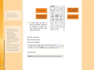 Slide com um título
                                                                                       Slide em branco.      e uma caixa de texto
                                                                                                               com marcadores.
                                DICA:
                                Consulte o seu plano de
                                apresentação para não perder                         Slide com um título e
                                                                                     duas colunas de texto   Slide com um título e
                                suas ideias e começar tudo de
                                                                                       com marcadores.        uma caixa de texto.
                                novo.



                                                                     „   No lado direito da tela, no
                                                                         painel de tarefas, aparecem
                                                                         as opções de layout que
                                DICA:
                                                                         você poderá escolher para
                                Os slides variam entre si, mas
                                                                         cada slide criado.
                                em geral as opções de espaços
                                determinados são:
                                - Espaço para o título;
                                - Um espaço para o texto;
                                - Dois espaços para textos;
                                - Espaço para imagens;               Barra de comandos;
                                - Espaço para tabelas e gráficos.
                                O primeiro é o slide sem definição   Barra de ferramentas;
                                de espaços (em branco, sem
                                                                     Barra de formatação:
Introdução à Educação Digital




                                divisões).
                                Clique sobre cada tipo de layout e
                                veja no seu slide (na parte o meio
                                da tela) como são as divisões.
                                Escolha conforme o seu interesse
                                e organização da apresentação.
                                                                     Abas de ação:




244
 