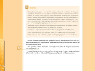 Lembrete

                                  O trabalho com imagens é normalmente realizado utilizando-se Editores de Imagens
                                  específicos. Assim, se você for utilizar um desses editores, é interessante salvar no
                                  formato do próprio editor enquanto estiver trabalhando, de forma que você possa
                                  editar a imagem em momentos posteriores, continuando a usufruir todos os recur-
                                  sos utilizados naquele programa. Somente quando a imagem estiver pronta é re-
                                  comendável salvar (em alguns programas esse processo é denominado “exportar”)
                                  para os formatos gif ou jpg, típicos da Internet.
                                  Abaixo são listados alguns dos principais Programas Editores de Imagem disponí-
                                  veis no mercado e especificados os respectivos formatos:
                                  Corel Draw – arquivos com extensão “.cdrl”. Ex.: imagem.cdr (para Windows).
                                  Photo Shop – arquivos com extensão “.psd”. Ex.: imagem.psd (para Windows).
                                  Gimp – arquivos com extensão “.gmp”. Ex.: imagem.gmp (para Linux e Windows).



                                  Quando você não necessitar criar imagens ou realizar edições mais sofisticadas, po-
                                derá utilizar os recursos para desenho oferecidos na Barra de Ferramentas Desenho do
Introdução à Educação Digital




                                BrOffice Impress e Writer.
                                  Para aprender a utilizar alguns dos recursos do nosso Editor de Imagens, veja a anima-
                                ção disponível no CD.
                                   A seguir, ilustramos com um exemplo. Para complementar a imagem dos girassóis, que
                                já havia sido inserida no slide, será feita agregada a figura de sol. Siga os passos:




256
 