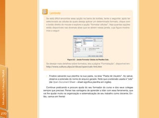 Lembrete
                                  Se está difícil encontrar essa opção na barra de botões, tente o seguinte: após ter
                                  selecionado as células às quais deseja aplicar um determinado formato, clique com
                                  o botão direito do mouse e explore a opção “formatar células”. Veja quantas opções
                                  estão disponíveis nas diversas abas que se abrem nessa janela, cuja figura mostra-
                                  mos a seguir:




                                                       Figura 8.2 - Janela Formatar Células da Planilha Calc.

                                  Se desejar mais detalhes sobre formatos, leia a página “Formatação”, disponível em:
                                  http://www.cultura.ufpa.br/dicas/open/calc-fmt.htm
Introdução à Educação Digital




                                  i. Finalize salvando sua planilha na sua pasta, na área “Pasta de Usuário”. Ao salvar,
                                     observe a extensão do nome do arquivo gerado. Note que a extensão usada é “ods”
                                     (de Open Document Sheet – sheet significa planilha em inglês).

                                   Continue praticando e procure ajuda do seu formador do curso e dos seus colegas
                                sempre que precisar. Pense nas vantagens de aprender a lidar com essa ferramenta, que
                                vai lhe ajudar muito na organização e sistematização de seu trabalho como docente. En-
                                tão, vamos em frente!




270
 