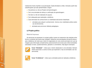 material de modo a facilitar a sua percepção. Cada atividade é, então, indicada a partir das
                                classificações que são apresentadas a seguir:
                                  a. Se pertence ou não ao Projeto de Aprendizagem;
                                  b. Se é uma atividade de reforço e verificação da aprendizagem;
                                  c. Se deve ou não ser realizada em grupos;
                                  d. Se é adequada para realização a distância;
                                  e. Qual dimensão de conhecimento ou habilidade está sendo trabalhada:
                                        „    atividade para adquirir conhecimento técnico e/ou habilidade prática sobre
                                             uso da ferramenta;
                                        „   atividade para promover reflexão pedagógica.


                                  c) Projeto gráfico

                                  Material Impresso

                                   As estruturas se expressam no projeto gráfico quanto ao tratamento das relações entre
                                forma e conteúdo dos textos das unidades. Utilizamos recomendações da área de educa-
Introdução à Educação Digital




                                ção a distância, de modo que o texto foi organizado em uma coluna principal com uso da
                                margem para informação complementar, posicionamento de ícones para indicar atividades
                                solicitadas no texto, questionamentos, glossário e comentários. Veja alguns exemplos:

                                            Ícone "Atividade" - indica que o trecho destacado é uma atividade. Sempre
                                            estará associado a outros ícones que explicitam o tipo de atividade a ser de-
                                            senvolvida;




                                            Ícone "A distância" - indica que a atividade pode ser realizada a distância;




 28
 