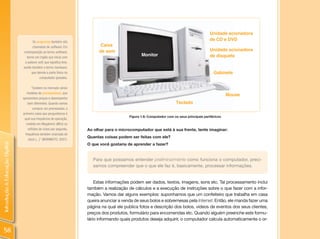 Unidade acionadora
                                       Os programas também são
                                                                                                                                              de CD e DVD
                                       chamados de software. Em              Caixa
                                contraposição ao termo software,             de som                                                           Unidade acionadora
                                  termo em inglês que inicia com
                                                                                                   Monitor                                    de disquete
                                 a palavra soft, que significa leve,
                                existe também o termo hardware,
                                      que denota a parte física do                                                                              Gabinete
                                            computador (pesada).

                                       “Existem no mercado vários
                                   modelos de processadores, que
                                                                                                                                                        Mouse
                                apresentam preços e desempenho
                                    bem diferentes. Quando vamos                                                         Teclado
                                        comprar um processador, a
                                primeira coisa que perguntamos é
                                                                                            Figura 1.6: Computador com os seus principais periféricos
                                 qual sua frequência de operação,
                                   medida em Megahertz (MHz) ou
                                    milhões de ciclos por segundo,     Ao olhar para o microcomputador que está à sua frente, tente imaginar:
                                  frequência também chamada de
                                                                       Quantas coisas podem ser feitas com ele?
                                    clock [...]” (MORIMOTO, 2007).
Introdução à Educação Digital




                                                                       O que você gostaria de aprender a fazer?


                                                                         Para que possamos entender preliminarmente como funciona o computador, preci-
                                                                         samos compreender que o que ele faz é, basicamente, processar informações.


                                                                           Estas informações podem ser dados, textos, imagens, sons etc. Tal processamento inclui
                                                                       também a realização de cálculos e a execução de instruções sobre o que fazer com a infor-
                                                                       mação. Vamos dar alguns exemplos: suponhamos que um confeiteiro que trabalha em casa
                                                                       queira anunciar a venda de seus bolos e sobremesas pela Internet. Então, ele manda fazer uma
                                                                       página na qual ele publica fotos e descrição dos bolos, vídeos de eventos dos seus clientes,
                                                                       preços dos produtos, formulário para encomendas etc. Quando alguém preenche este formu-
                                                                       lário informando quais produtos deseja adquirir, o computador calcula automaticamente o or-

  58
 