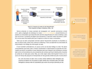 Computador                                                     Computador
          Usuário solicita   Cliente                   pedido é enviado                    Servidor
             serviço




           Programa no                              resposta é retornada
           computador                                                                 Serviço é processado        Veja no CD a animação sobre
          cliente mostra                                                                por programa no            “Como fazer um download”
          a resposta ao                                                               computador Servidor
              usuário


                       Esquema Esquema do modelo de redeCliente/Servidor
                        Figura 2.11:
                                     do modelo de rede Cliente/Servidor.
                           Fonte: Adaptado de Fillippo e Sztajnberg, (1996, p. 18).
                              (Adaptado de Filippo e Sztajnberg 1996:18)

   Vamos entender no nosso exemplo de navegação web: quando acionamos a tecla
enter, após a digitação do endereço no nosso browser ou navegador, encaminhamos um
pedido ao computador que responde pelo domínio especificado em nosso endereço, para
                                                                                                             Browser: é o termo em inglês para
que nos envie o conteúdo da página que solicitamos. O servidor então reconhece o pedi-                        navegador. Literalmente significa
do e envia essa informação para que a vejamos na tela do nosso computador.                                                          mostrador.

   Note que se este computador servidor estiver fisicamente localizado na Austrália ou
aqui na sala ao lado, talvez nem notemos a diferença. Tudo vai depender da velocidade de
transmissão e do tráfego da informação na rede.
   É bom também entendermos um pouco como se dá esse tráfego na rede. Há vários




                                                                                                                                                   Unidade 2
computadores que ficam todo o tempo monitorando e direcionando os pacotes de infor-
mação que levam os pedidos e suas respostas para que cheguem aos endereços corretos                               Verificar o endereço digitado
                                                                                                             antes de pressionar o botão IR ou
(são como os funcionários de uma companhia de correios que ficam distribuindo e levando
                                                                                                             ATUALIZAR ou a tecla ENTER, pois
as cartas de um lado para outro). Mas, por onde viajam estas informações? Como um ar-                        um erro de digitação pode levá-lo
quivo em tempo tão pequeno é transportado em tão grandes distâncias pelo mundo afora?                           a não localizar o site desejado.

     Ora, como não temos de saber como as várias centrais telefônicas estão interligadas para
     conversar por telefone com uma pessoa no Japão, também não é necessário saber como estão
     interligadas as diversas redes de computadores para usufruir dos serviços oferecidos por elas.


                                                                                                                                                   85
 