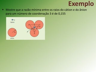 Exemplo
 Mostre que a razão mínima entre os raios do cátion e do ânion
para um número de coordenação 3 é de 0,155
 