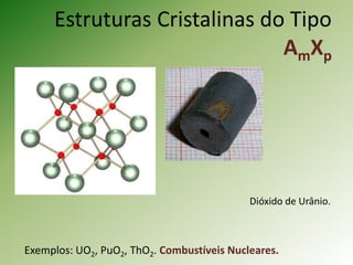 Estruturas Cristalinas do Tipo
AmXp
Exemplos: UO2, PuO2, ThO2. Combustíveis Nucleares.
Dióxido de Urânio.
 