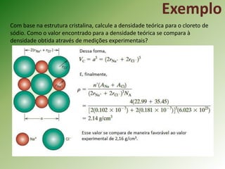 Com base na estrutura cristalina, calcule a densidade teórica para o cloreto de
sódio. Como o valor encontrado para a densidade teórica se compara à
densidade obtida através de medições experimentais?
Exemplo
 