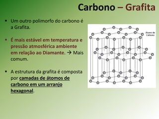 Carbono – Grafita
 Um outro polimorfo do carbono é
a Grafita.
 É mais estável em temperatura e
pressão atmosférica ambiente
em relação ao Diamante.  Mais
comum.
 A estrutura da grafita é composta
por camadas de átomos de
carbono em um arranjo
hexagonal.
 