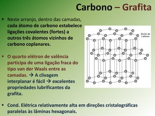 Carbono – Grafita
 Neste arranjo, dentro das camadas,
cada átomo de carbono estabelece
ligações covalentes (fortes) a
outros três átomos vizinhos de
carbono coplanares.
 O quarto elétron de valência
participa de uma ligação fraca do
tipo van der Waals entre as
camadas.  A clivagem
interplanar é fácil  excelentes
propriedades lubrificantes da
grafita.
 Cond. Elétrica relativamente alta em direções cristalográficas
paralelas às lâminas hexagonais.
 