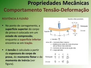 Propriedades Mecânicas
Comportamento Tensão-Deformação
RESITÊNCIA À FLEXÃO
 No ponto de carregamento, a
superfície superior do corpo
de prova é colocada em um
estado de compressão,
enquanto a superfície inferior
encontra-se em tração.
 A tensão é calculada a partir
da espessura do corpo de
prova, do momento fletor e do
momento de inércia (ver
figura).
 