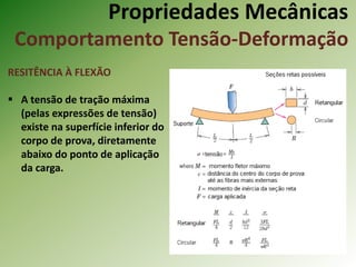 Propriedades Mecânicas
Comportamento Tensão-Deformação
RESITÊNCIA À FLEXÃO
 A tensão de tração máxima
(pelas expressões de tensão)
existe na superfície inferior do
corpo de prova, diretamente
abaixo do ponto de aplicação
da carga.
 