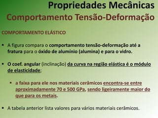 Propriedades Mecânicas
Comportamento Tensão-Deformação
COMPORTAMENTO ELÁSTICO
 A figura compara o comportamento tensão-deformação até a
fratura para o óxido de alumínio (alumina) e para o vidro.
 O coef. angular (inclinação) da curva na região elástica é o módulo
de elasticidade;
 a faixa para ele nos materiais cerâmicos encontra-se entre
aproximadamente 70 e 500 GPa, sendo ligeiramente maior do
que para os metais.
 A tabela anterior lista valores para vários materiais cerâmicos.
 