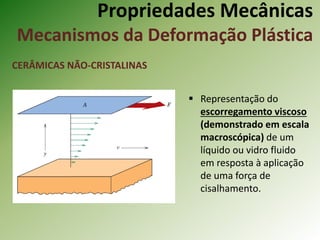 Propriedades Mecânicas
Mecanismos da Deformação Plástica
CERÂMICAS NÃO-CRISTALINAS
 Representação do
escorregamento viscoso
(demonstrado em escala
macroscópica) de um
líquido ou vidro fluido
em resposta à aplicação
de uma força de
cisalhamento.
 