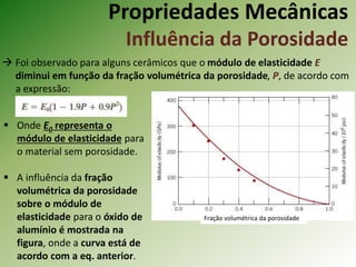 Propriedades Mecânicas
Influência da Porosidade
 Foi observado para alguns cerâmicos que o módulo de elasticidade E
diminui em função da fração volumétrica da porosidade, P, de acordo com
a expressão:
 Onde E0 representa o
módulo de elasticidade para
o material sem porosidade.
 A influência da fração
volumétrica da porosidade
sobre o módulo de
elasticidade para o óxido de
alumínio é mostrada na
figura, onde a curva está de
acordo com a eq. anterior.
Fração volumétrica da porosidade
 