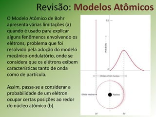 Revisão: Modelos Atômicos
O Modelo Atômico de Bohr
apresenta várias limitações (a)
quando é usado para explicar
alguns fenômenos envolvendo os
elétrons, problema que foi
resolvido pela adoção do modelo
mecânico-ondulatório, onde se
considera que os elétrons exibem
características tanto de onda
como de partícula.
Assim, passa-se a considerar a
probabilidade de um elétron
ocupar certas posições ao redor
do núcleo atômico (b).
 