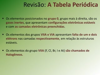Revisão: A Tabela Periódica
 Os elementos posicionados no grupo 0, grupo mais à direita, são os
gases inertes, que apresentam configurações eletrônicas estáveis
e com as camadas eletrônicas preenchidas.
 Os elementos dos grupos VIIA e VIA apresentam falta de um e dois
elétrons nas camadas respectivamente, em relação às estruturas
estáveis.
 Os elementos do grupo VIIA (F, Cl, Br, I e At) são chamados de
Halogêneos.
 