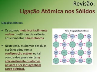 Revisão:
Ligação Atômica nos Sólidos
Ligações Iônicas
 Os átomos metálicos facilmente
cedem os elétrons de valência
aos elementos não-metálicos.
 Neste caso, os átomos das duas
espécies adquirem a
configuração estável ou tal
como a dos gases inertes e
adicionalmente os átomos
passam a ser íons (ganham
carga elétrica).
Força de Ligação Coulombiana
 