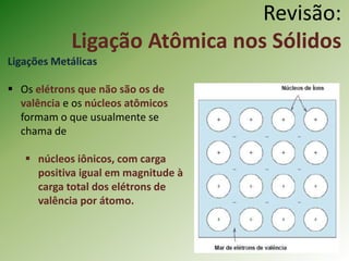 Revisão:
Ligação Atômica nos Sólidos
Ligações Metálicas
 Os elétrons que não são os de
valência e os núcleos atômicos
formam o que usualmente se
chama de
 núcleos iônicos, com carga
positiva igual em magnitude à
carga total dos elétrons de
valência por átomo.
 