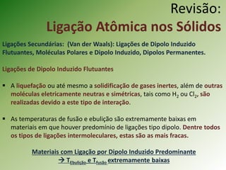 Ligações Secundárias: (Van der Waals): Ligações de Dipolo Induzido
Flutuantes, Moléculas Polares e Dipolo Induzido, Dipolos Permanentes.
Ligações de Dipolo Induzido Flutuantes
 A liquefação ou até mesmo a solidificação de gases inertes, além de outras
moléculas eletricamente neutras e simétricas, tais como H2 ou Cl2, são
realizadas devido a este tipo de interação.
 As temperaturas de fusão e ebulição são extremamente baixas em
materiais em que houver predomínio de ligações tipo dipolo. Dentre todos
os tipos de ligações intermoleculares, estas são as mais fracas.
Revisão:
Ligação Atômica nos Sólidos
Materiais com Ligação por Dipolo Induzido Predominante
 TEbulição e Tfusão extremamente baixas
 