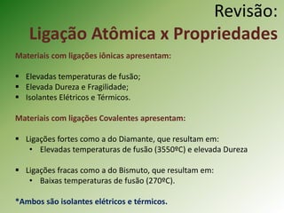 Revisão:
Ligação Atômica x Propriedades
Materiais com ligações iônicas apresentam:
 Elevadas temperaturas de fusão;
 Elevada Dureza e Fragilidade;
 Isolantes Elétricos e Térmicos.
Materiais com ligações Covalentes apresentam:
 Ligações fortes como a do Diamante, que resultam em:
• Elevadas temperaturas de fusão (3550ºC) e elevada Dureza
 Ligações fracas como a do Bismuto, que resultam em:
• Baixas temperaturas de fusão (270ºC).
*Ambos são isolantes elétricos e térmicos.
 