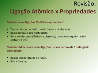 Revisão:
Ligação Atômica x Propriedades
Materiais com ligações Metálicas apresentam:
 Temperaturas de fusão desde baixas até elevadas.
 Baixa dureza e alta ductilidade,
 Bons condutores elétricos e térmicos, como consequência dos
elétrons livres.
Materiais Moleculares com ligações de van der Waals / Hidrogênio
apresentam:
 Baixas temperaturas de fusão,
 Baixa Dureza.
 