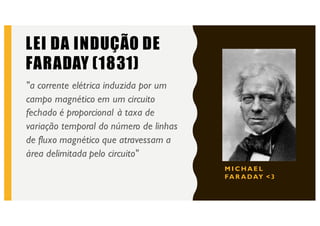 LEI DA INDUÇÃO DE
FARADAY (1831)
"a corrente elétrica induzida por um
campo magnético em um circuito
fechado é proporcional à taxa de
variação temporal do número de linhas
de fluxo magnético que atravessam a
área delimitada pelo circuito"
M I C H A E L
FA R A DAY < 3
 