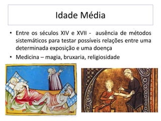 Idade Média
• Entre os séculos XIV e XVII - ausência de métodos
sistemáticos para testar possíveis relações entre uma
determinada exposição e uma doença
• Medicina – magia, bruxaria, religiosidade
 