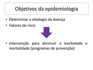 Objetivos da epidemiologia
• Determinar a etiologia da doença
• Fatores de risco
• Intervenção para diminuir a morbidade e
mortalidade (programas de prevenção)
 