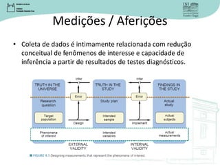 Medições / Aferições
• Coleta de dados é intimamente relacionada com redução
conceitual de fenômenos de interesse e capacidade de
inferência a partir de resultados de testes diagnósticos.
 