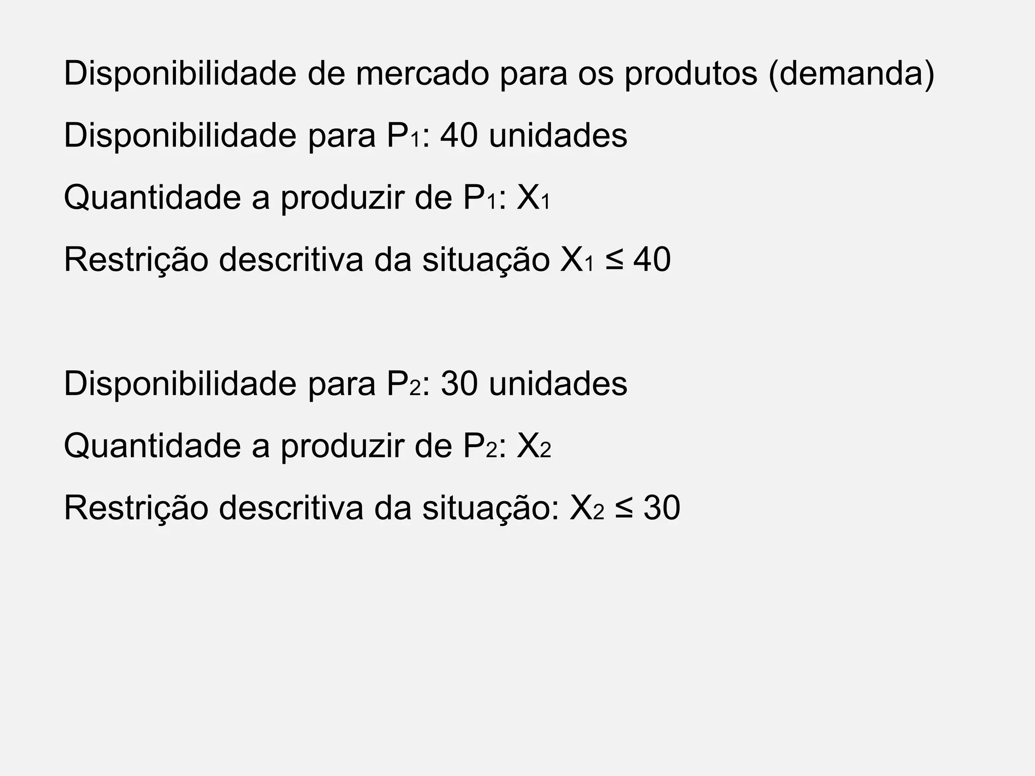 Disponibilidade de mercado para os produtos (demanda)
Disponibilidade para P1: 40 unidades
Quantidade a produzir de P1: X1
Restrição descritiva da situação X1 ≤ 40
Disponibilidade para P2: 30 unidades
Quantidade a produzir de P2: X2
Restrição descritiva da situação: X2 ≤ 30
 