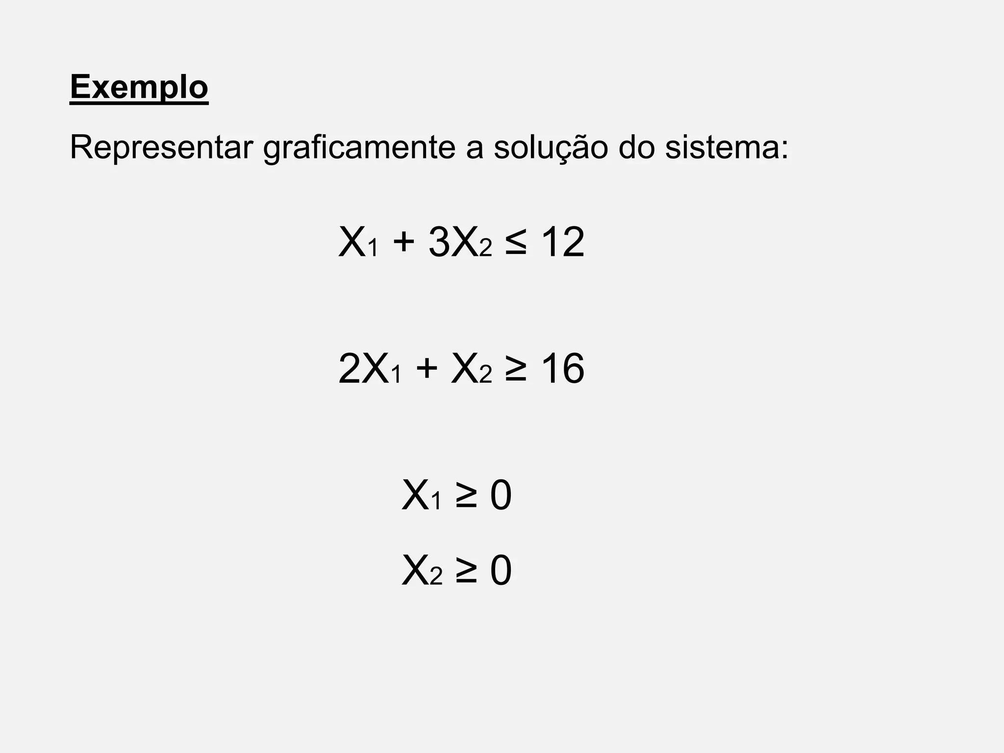 Exemplo
Representar graficamente a solução do sistema:
X1 + 3X2 ≤ 12
2X1 + X2 ≥ 16
X1 ≥ 0
X2 ≥ 0
 