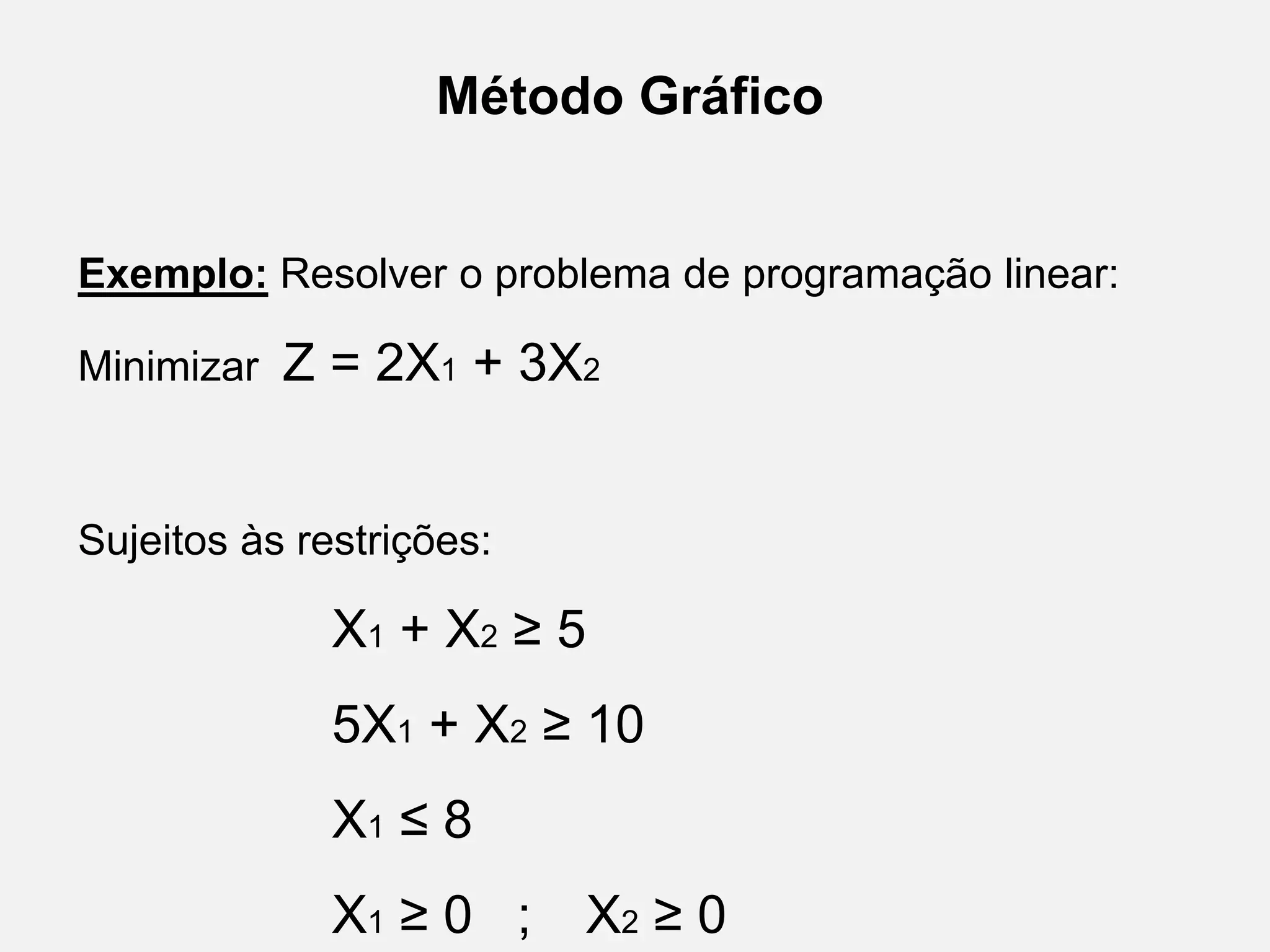 Método Gráfico
Exemplo: Resolver o problema de programação linear:
Minimizar Z = 2X1 + 3X2
Sujeitos às restrições:
X1 + X2 ≥ 5
5X1 + X2 ≥ 10
X1 ≤ 8
X1 ≥ 0 ; X2 ≥ 0
 