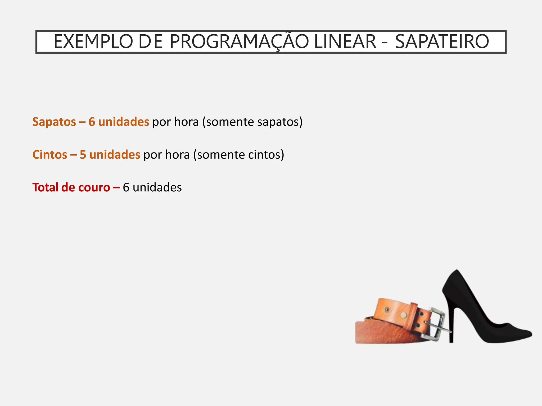 EXEMPLO DE PROGRAMAÇÃO LINEAR - SAPATEIRO
Sapatos – 6 unidades por hora (somente sapatos)
Cintos – 5 unidades por hora (somente cintos)
Total de couro – 6 unidades
 