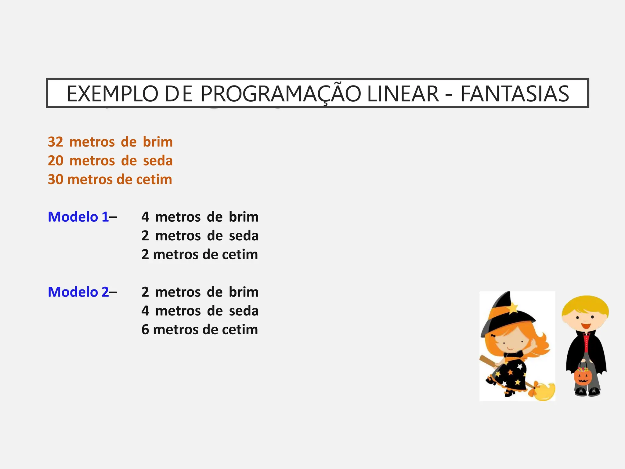 EXEMPLO DE PROGRAMAÇÃO LINEAR - FANTASIAS
32 metros de brim
20 metros de seda
30 metros de cetim
Modelo 1– 4 metros de brim
2 metros de seda
2 metros de cetim
Modelo 2– 2 metros de brim
4 metros de seda
6 metros de cetim
 