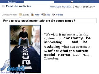 Por que esse crescimento todo, em tão pouco tempo?




                            "We view it as our role in the
                            system to constantly be
                            innovating         and   be
                            updating what our system is
                            to reflect what the current
                            social norms are.”       Mark
                            Zuckerberg
 