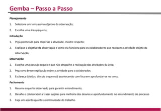 Gemba – Passo a Passo
Planejamento
1. Selecione um tema como objetivo da observação;
2. Escolha uma área pequena;
Introdução
1. Peça permissão para observar a atividade, mostre respeito;
2. Explique o objetivo da observação e como ela funciona para os colaboradores que realizam a atividade objeto da
observação;
Observação
1. Escolha uma posição segura e que não atrapalhe a realização das atividades da área;
2. Peça uma breve explicação sobre a atividade para o colaborador;
3. Esclareça dúvidas, discuta o que está acontecendo com foco em aprofundar-se no tema;
Fechamento
1. Resuma o que foi observado para garantir entendimento;
2. Desafie o colaborador a trazer opções para melhoria dos desvios e aprofundamento no entendimento do processo
3. Faça um acordo quanto a continuidade do trabalho.
 