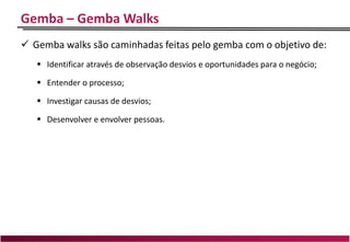 Gemba – Gemba Walks
 Gemba walks são caminhadas feitas pelo gemba com o objetivo de:
 Identificar através de observação desvios e oportunidades para o negócio;
 Entender o processo;
 Investigar causas de desvios;
 Desenvolver e envolver pessoas.
 