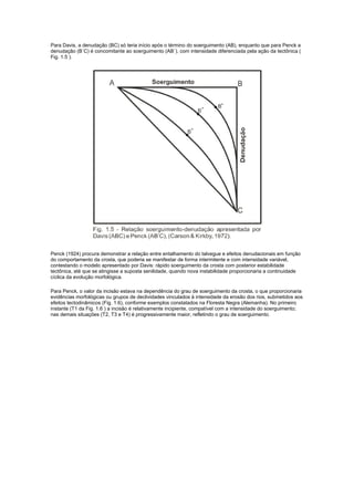 Para Davis, a denudação (BC) só teria início após o término do soerguimento (AB), enquanto que para Penck a
denudação (B´C) é concomitante ao soerguimento (AB´), com intensidade diferenciada pela ação da tectônica (
Fig. 1.5 ).




Penck (1924) procura demonstrar a relação entre entalhamento do talvegue e efeitos denudacionais em função
do comportamento da crosta, que poderia se manifestar de forma intermitente e com intensidade variável,
contestando o modelo apresentado por Davis: rápido soerguimento da crosta com posterior estabilidade
tectônica, até que se atingisse a suposta senilidade, quando nova instabilidade proporcionaria a continuidade
cíclica da evolução morfológica.

Para Penck, o valor da incisão estava na dependência do grau de soerguimento da crosta, o que proporcionaria
evidências morfológicas ou grupos de declividades vinculados à intensidade da erosão dos rios, submetidos aos
efeitos tectodinâmicos (Fig. 1.6), conforme exemplos constatados na Floresta Negra (Alemanha). No primeiro
instante (T1 da Fig. 1.6 ) a incisão é relativamente incipiente, compatível com a intensidade do soerguimento;
nas demais situações (T2, T3 e T4) é progressivamente maior, refletindo o grau de soerguimento.
 