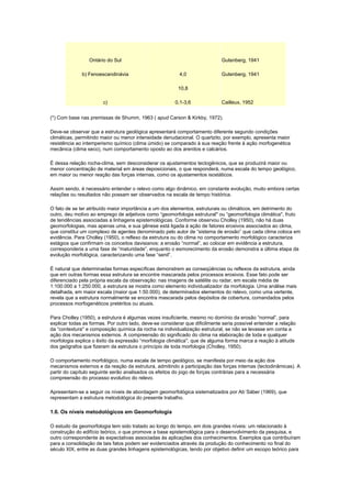 Ontário do Sul                                              Gutenberg, 1941

              b) Fenoescandinávia                         4,0                Gutenberg, 1941

                                                         10,8

                       c)                               0,1-3,6              Cailleux, 1952


(*) Com base nas premissas de Shumm, 1963 ( apud Carson & Kirkby, 1972).

Deve-se observar que a estrutura geológica apresentará comportamento diferente segundo condições
climáticas, permitindo maior ou menor intensidade denudacional. O quartzito, por exemplo, apresenta maior
resistência ao intemperismo químico (clima úmido) se comparado à sua reação frente à ação morfogenética
mecânica (clima seco), num comportamento oposto ao dos arenitos e calcários.

É dessa relação rocha-clima, sem desconsiderar os ajustamentos tectogênicos, que se produzirá maior ou
menor concentração de material em áreas deposicionais, o que responderá, numa escala do tempo geológico,
em maior ou menor reação das forças internas, como os ajustamentos isostáticos.

Assim sendo, é necessário entender o relevo como algo dinâmico, em constante evolução, muito embora certas
relações ou resultados não possam ser observados na escala de tempo histórica.

O fato de se ter atribuído maior importância a um dos elementos, estruturais ou climáticos, em detrimento do
outro, deu motivo ao emprego de adjetivos como “geomorfologia estrutural'' ou “geomorfologia climática'', fruto
de tendências associadas a linhagens epistemológicas. Conforme observou Cholley (1950), não há duas
geomorfologias, mas apenas uma, e sua gênese está ligada à ação de fatores erosivos associados ao clima,
que constitui um complexo de agentes denominado pelo autor de “sistema de erosão” que cada clima coloca em
evidência. Para Cholley (1950), o reflexo da estrutura ou do clima no comportamento morfológico caracteriza
estágios que confirmam os conceitos davisianos: a erosão “normal”, ao colocar em evidência a estrutura,
corresponderia a uma fase de “maturidade”, enquanto o esmorecimento da erosão demonstra a última etapa da
evolução morfológica, caracterizando uma fase “senil”.

É natural que determinadas formas específicas demonstrem as conseqüências ou reflexos da estrutura, ainda
que em outras formas essa estrutura se encontre mascarada pelos processos erosivos. Esse fato pode ser
diferenciado pela própria escala da observação: nas imagens de satélite ou radar, em escala média de
1:100.000 a 1:250.000, a estrutura se mostra como elemento individualizador da morfologia. Uma análise mais
detalhada, em maior escala (maior que 1:50.000), de determinados elementos do relevo, como uma vertente,
revela que a estrutura normalmente se encontra mascarada pelos depósitos de cobertura, comandados pelos
processos morfogenéticos pretéritos ou atuais.

Para Cholley (1950), a estrutura é algumas vezes insuficiente, mesmo no domínio da erosão “normal”, para
explicar todas as formas. Por outro lado, deve-se considerar que dificilmente seria possível entender a relação
da “contextura'' e composição química da rocha na individualização estrutural, se não se levasse em conta a
ação dos mecanismos externos. A compreensão do significado do clima na elaboração de toda e qualquer
morfologia explica o êxito da expressão “morfologia climática'', que de alguma forma marca a reação à atitude
dos geógrafos que fizeram da estrutura o princípio de toda morfologia (Cholley, 1950).

O comportamento morfológico, numa escala de tempo geológico, se manifesta por meio da ação dos
mecanismos externos e da reação da estrutura, admitindo a participação das forças internas (tectodinâmicas). A
partir do capítulo seguinte serão analisados os efeitos do jogo de forças contrárias para a necessária
compreensão do processo evolutivo do relevo.

Apresentam-se a seguir os níveis de abordagem geomorfológica sistematizados por Ab´Sáber (1969), que
representam a estrutura metodológica do presente trabalho.

1.6. Os níveis metodológicos em Geomorfologia

O estudo da geomorfologia tem sido tratado ao longo do tempo, em dois grandes níveis: um relacionado à
construção do edifício teórico, o que promove a base epistemológica para o desenvolvimento da pesquisa, e
outro correspondente às expectativas associadas às aplicações dos conhecimentos. Exemplos que contribuíram
para a consolidação de tais fatos podem ser evidenciados através da produção do conhecimento no final do
século XIX, entre as duas grandes linhagens epistemológicas, tendo por objetivo definir um escopo teórico para
 