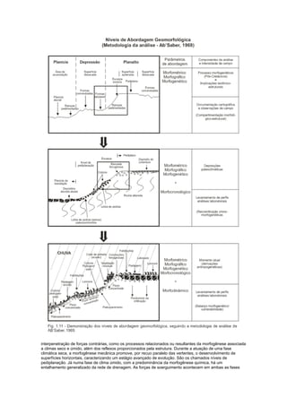 interpenetração de forças contrárias, como os processos relacionados ou resultantes da morfogênese associada
a climas seco e úmido, além dos reflexos proporcionados pela estrutura. Durante a atuação de uma fase
climática seca, a morfogênese mecânica promove, por recuo paralelo das vertentes, o desenvolvimento de
superfícies horizontais, caracterizando um estágio avançado de evolução. São os chamados níveis de
pediplanação. Já numa fase de clima úmido, com a predominância da morfogênese química, há um
entalhamento generalizado da rede de drenagem. As forças de soerguimento acontecem em ambas as fases
 